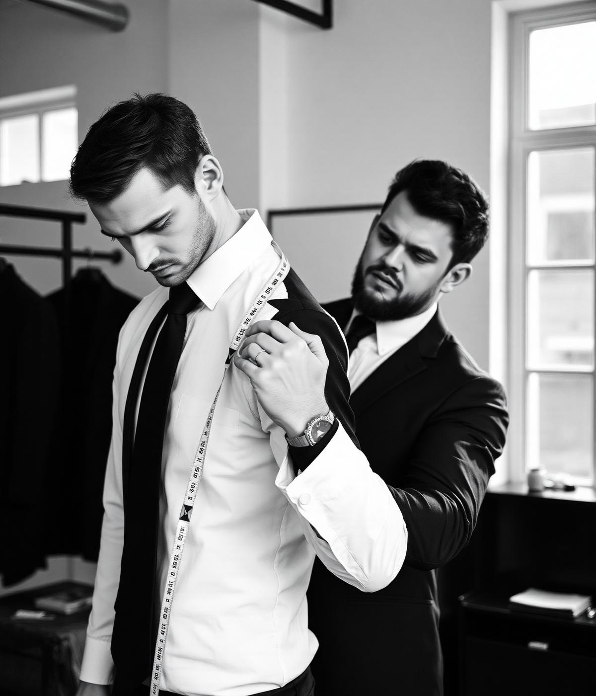 A tailor measuring a jacket shoulder in the fitting studio